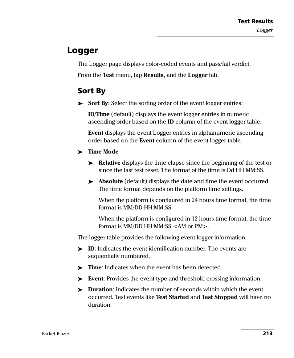Logger, Sort by | EXFO FTB/IQS-85100G Packet Blazer for FTB-500/IQS-600 User Manual | Page 223 / 448