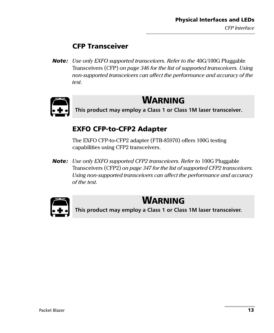 Arning | EXFO FTB/IQS-85100G Packet Blazer for FTB-500/IQS-600 User Manual | Page 23 / 448