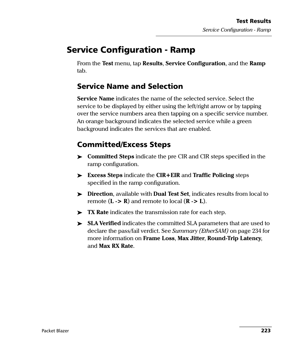 Service configuration - ramp, Service name and selection, Committed/excess steps | EXFO FTB/IQS-85100G Packet Blazer for FTB-500/IQS-600 User Manual | Page 233 / 448