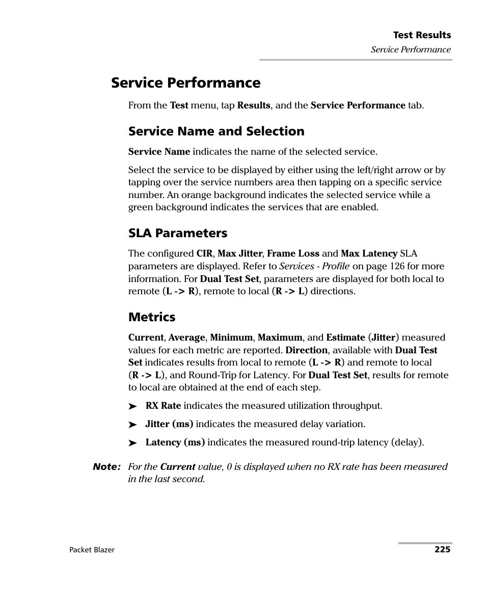 Service performance, Service name and selection, Sla parameters | Metrics | EXFO FTB/IQS-85100G Packet Blazer for FTB-500/IQS-600 User Manual | Page 235 / 448