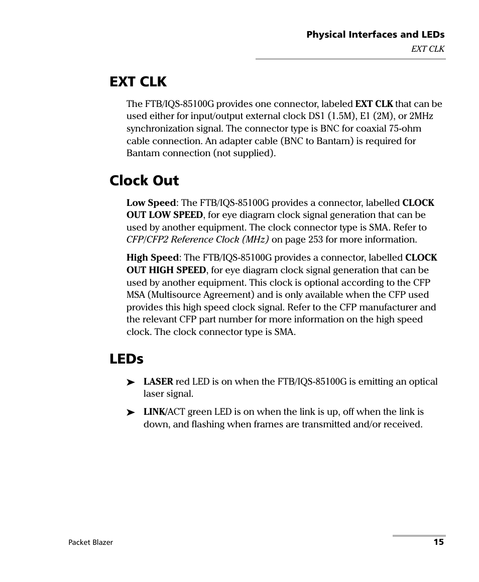 Ext clk, Clock out, Leds | Ext clk clock out leds | EXFO FTB/IQS-85100G Packet Blazer for FTB-500/IQS-600 User Manual | Page 25 / 448