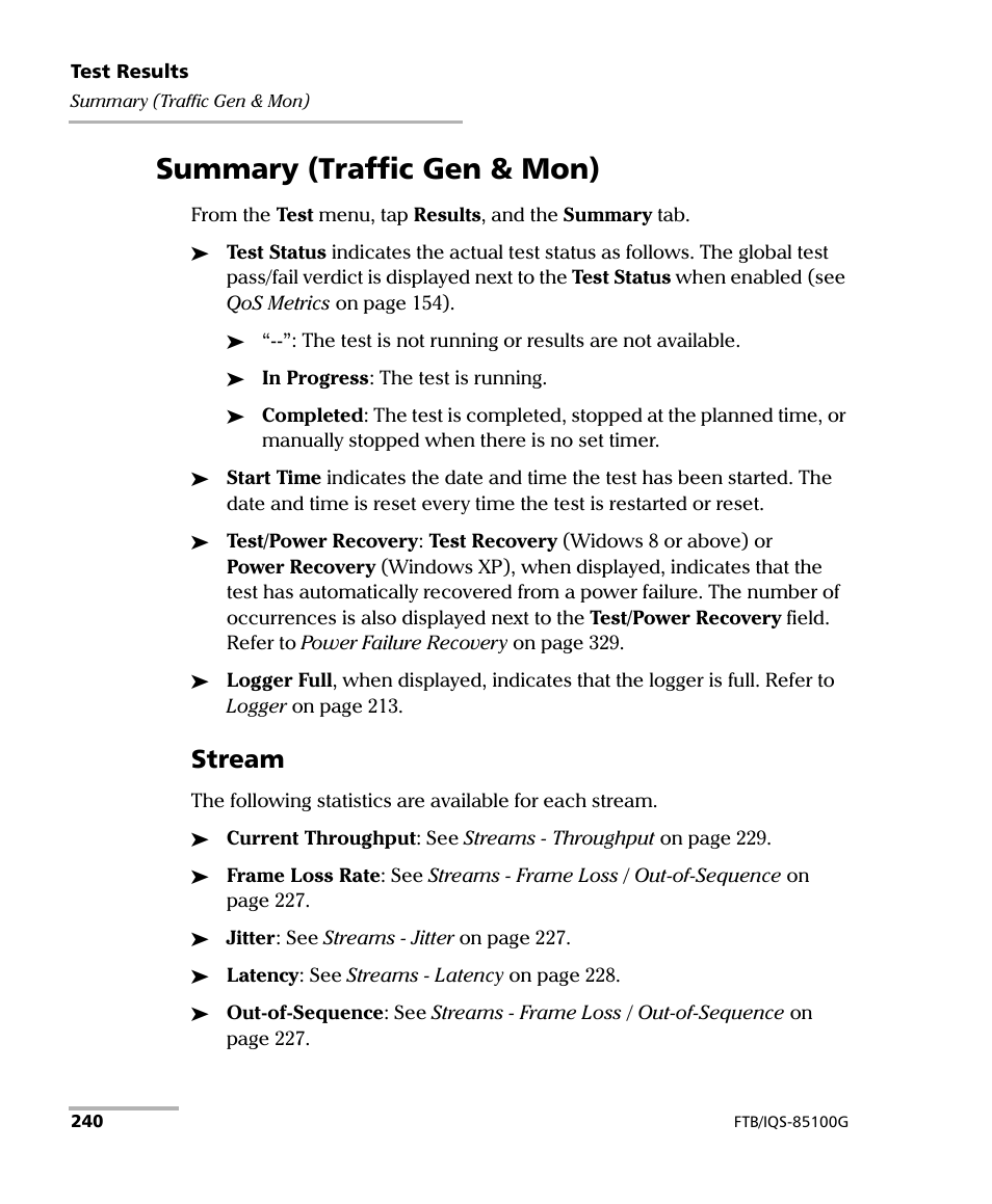 Summary (traffic gen & mon), Stream | EXFO FTB/IQS-85100G Packet Blazer for FTB-500/IQS-600 User Manual | Page 250 / 448