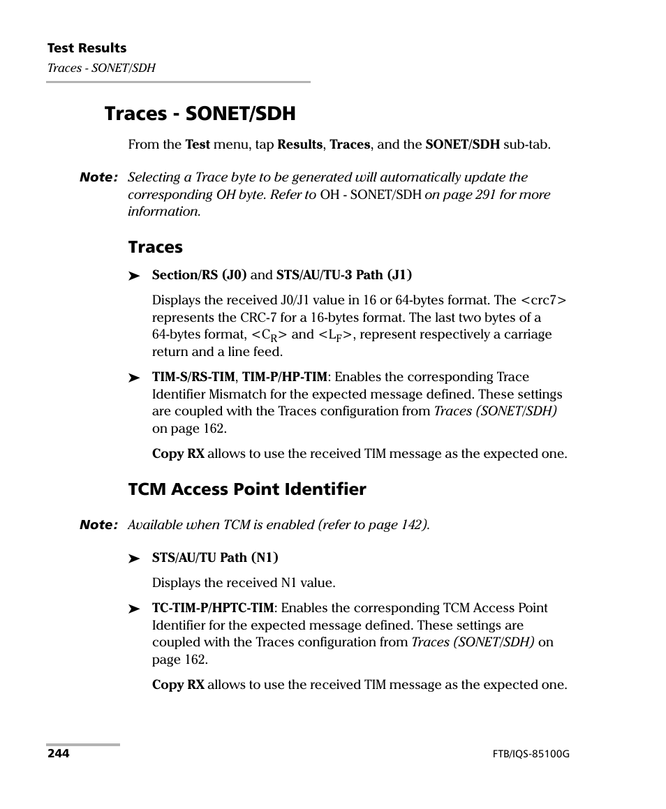 Traces - sonet/sdh, Traces, Tcm access point identifier | EXFO FTB/IQS-85100G Packet Blazer for FTB-500/IQS-600 User Manual | Page 254 / 448