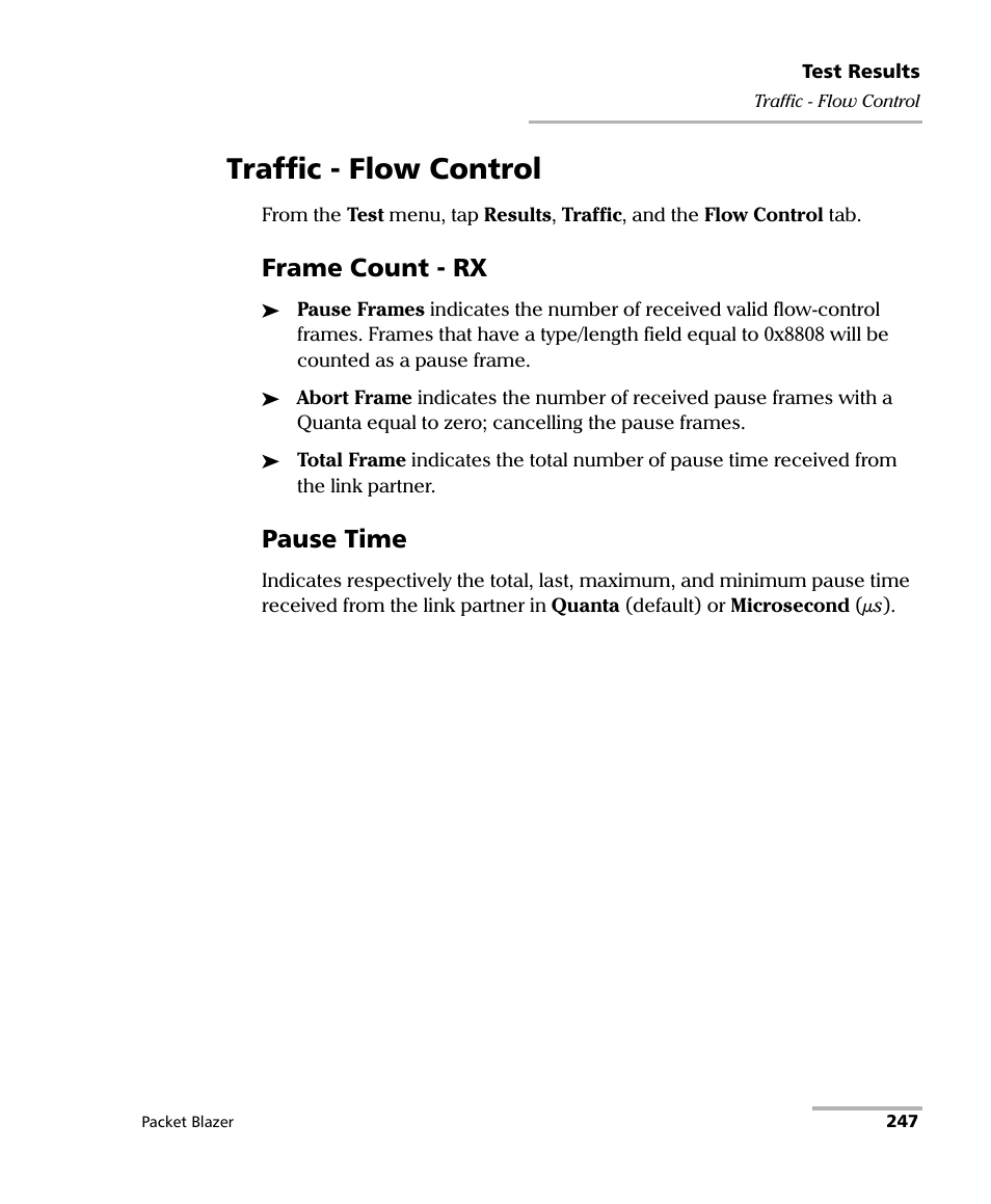 Traffic - flow control, Frame count - rx, Pause time | EXFO FTB/IQS-85100G Packet Blazer for FTB-500/IQS-600 User Manual | Page 257 / 448