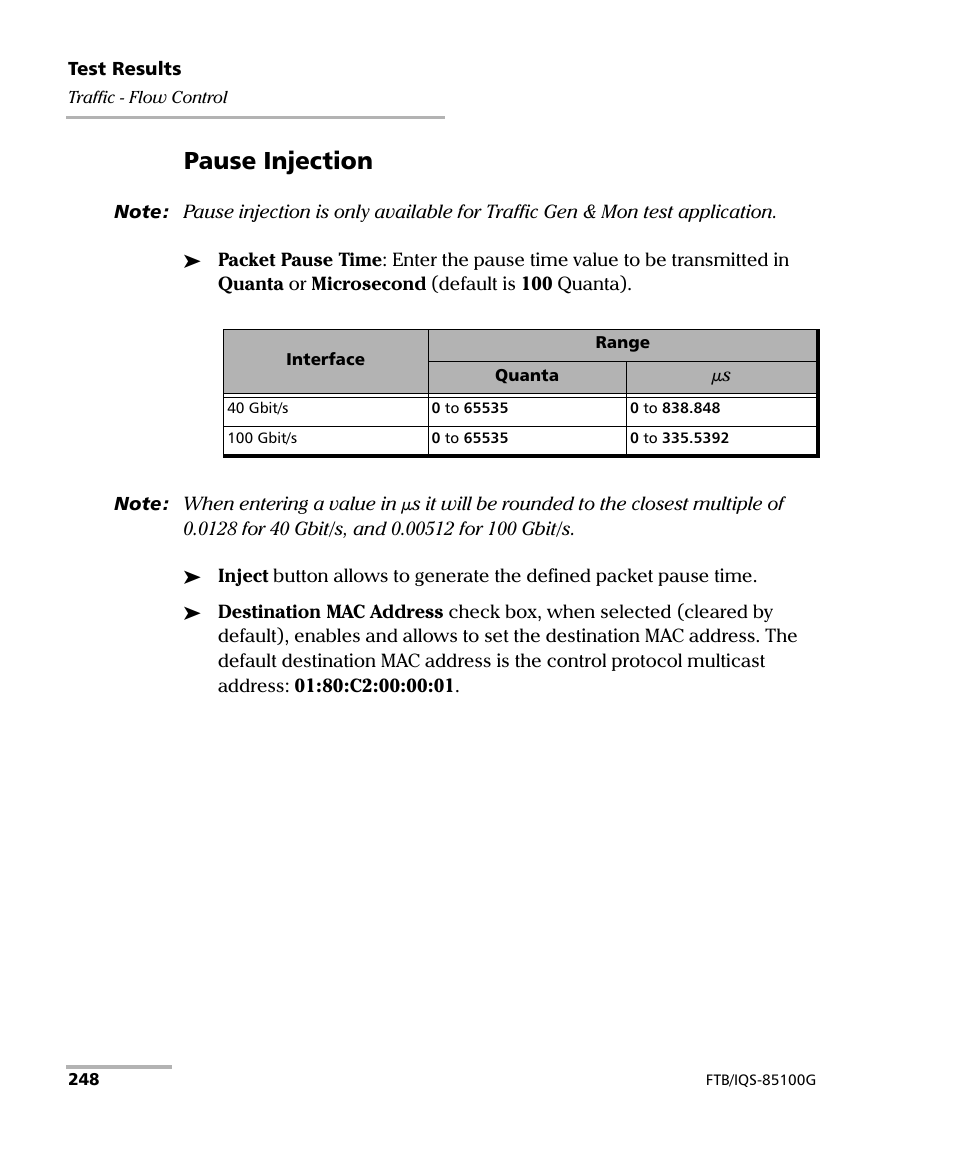 Pause injection | EXFO FTB/IQS-85100G Packet Blazer for FTB-500/IQS-600 User Manual | Page 258 / 448