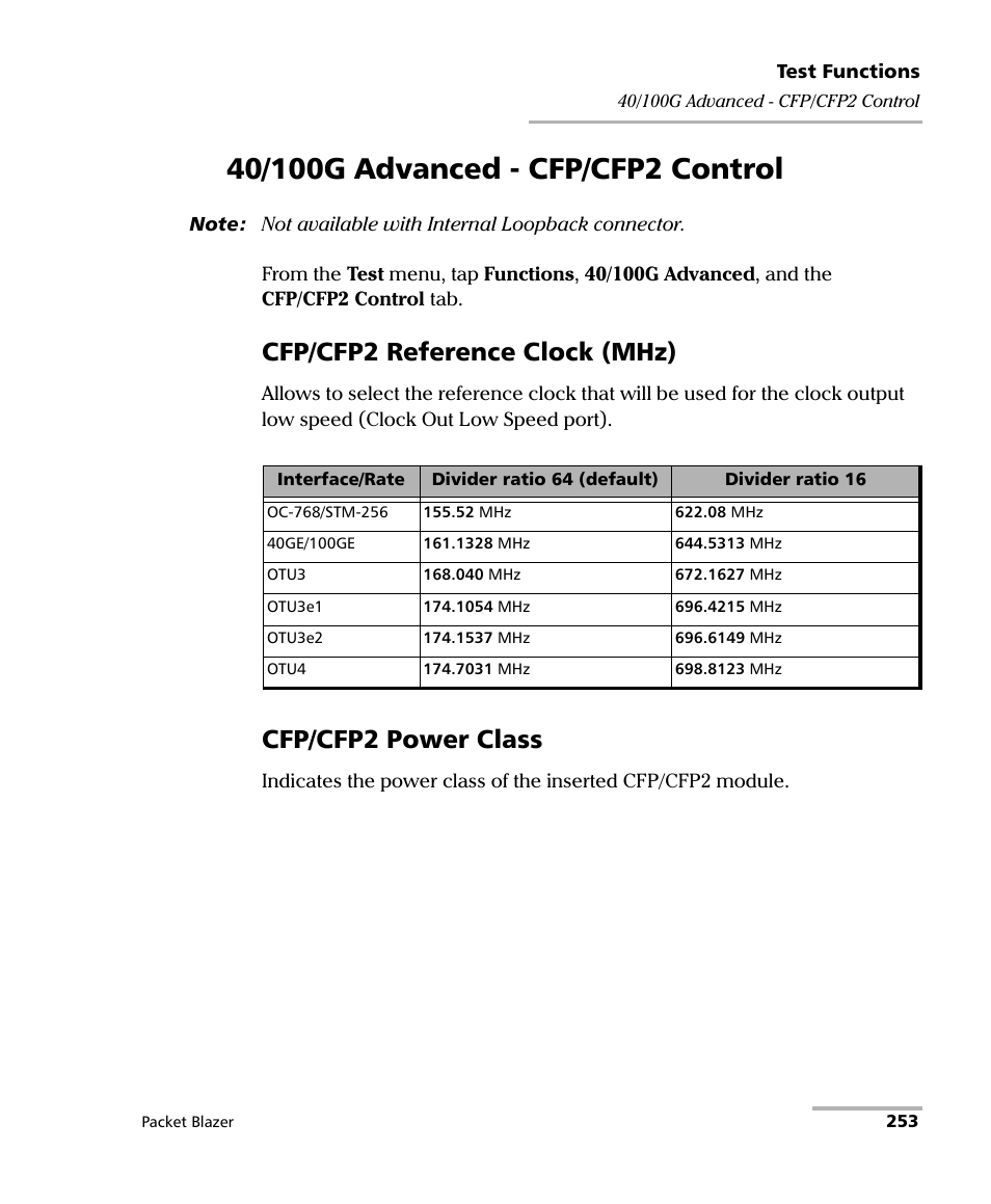 40/100g advanced - cfp/cfp2 control, Cfp/cfp2 reference clock (mhz), Cfp/cfp2 power class | EXFO FTB/IQS-85100G Packet Blazer for FTB-500/IQS-600 User Manual | Page 263 / 448