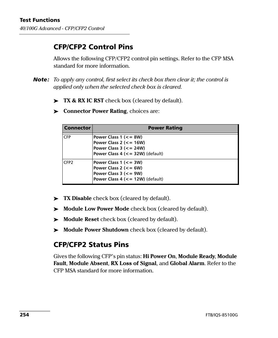 Cfp/cfp2 control pins, Cfp/cfp2 status pins | EXFO FTB/IQS-85100G Packet Blazer for FTB-500/IQS-600 User Manual | Page 264 / 448