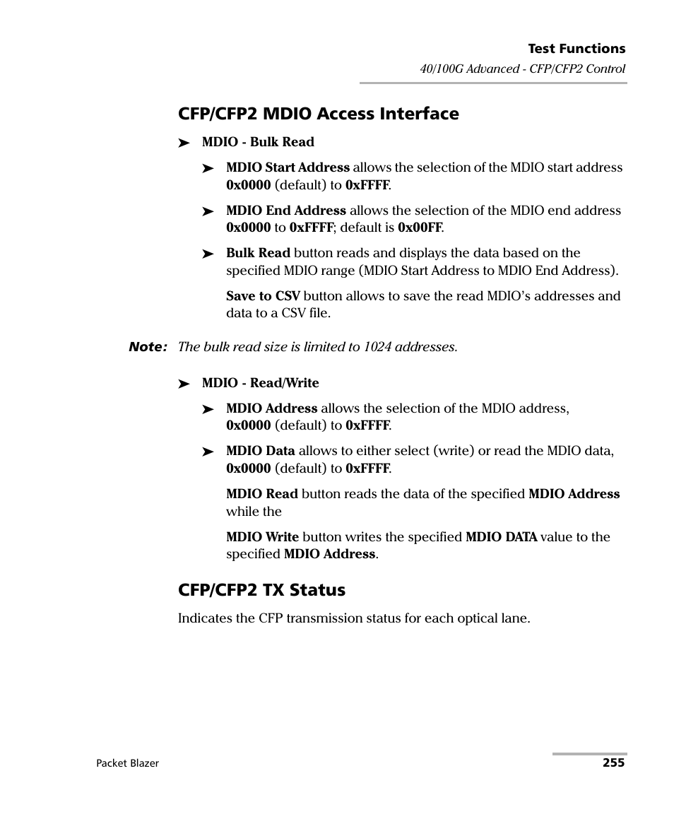 Cfp/cfp2 mdio access interface, Cfp/cfp2 tx status | EXFO FTB/IQS-85100G Packet Blazer for FTB-500/IQS-600 User Manual | Page 265 / 448