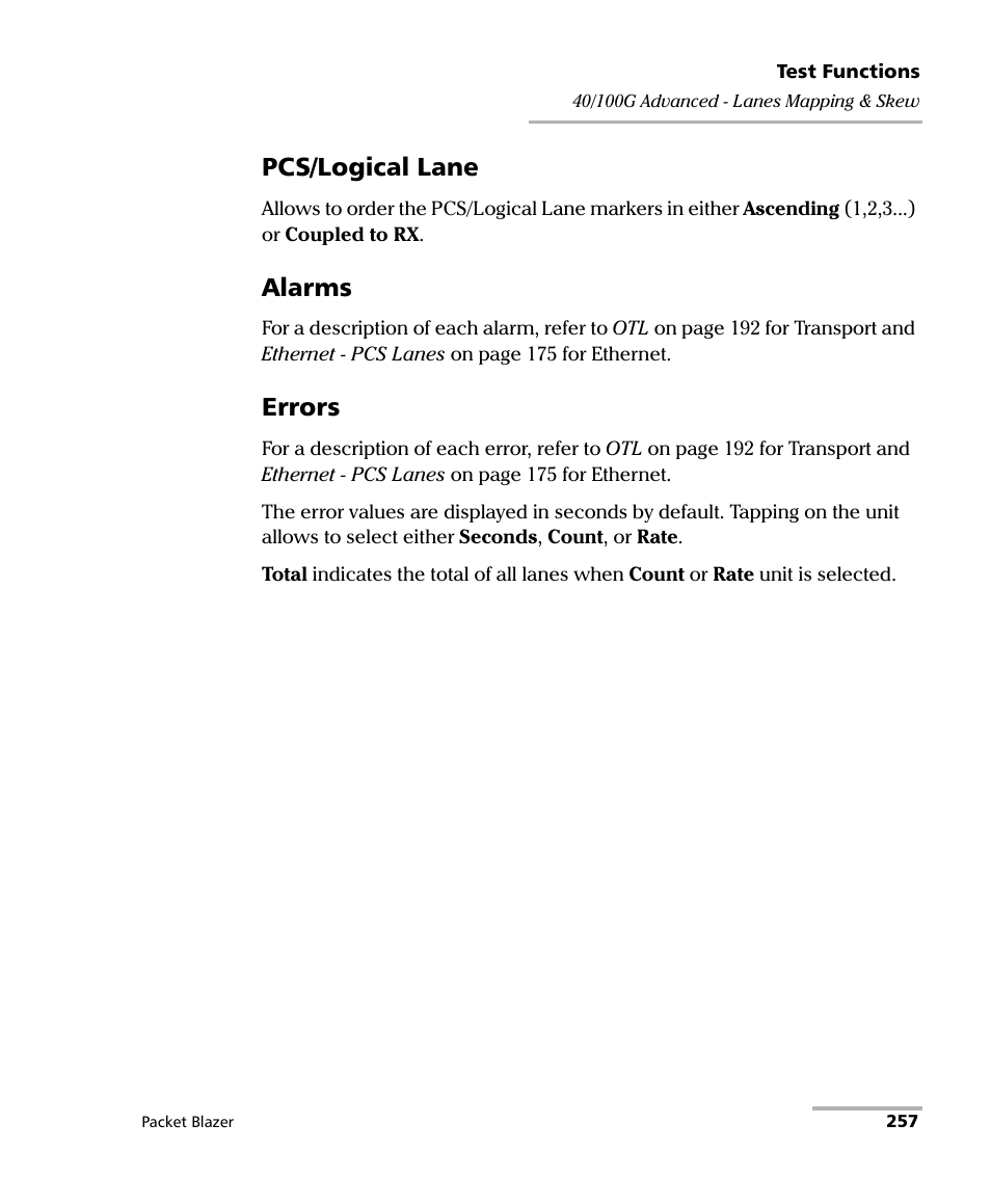 Pcs/logical lane, Alarms, Errors | EXFO FTB/IQS-85100G Packet Blazer for FTB-500/IQS-600 User Manual | Page 267 / 448