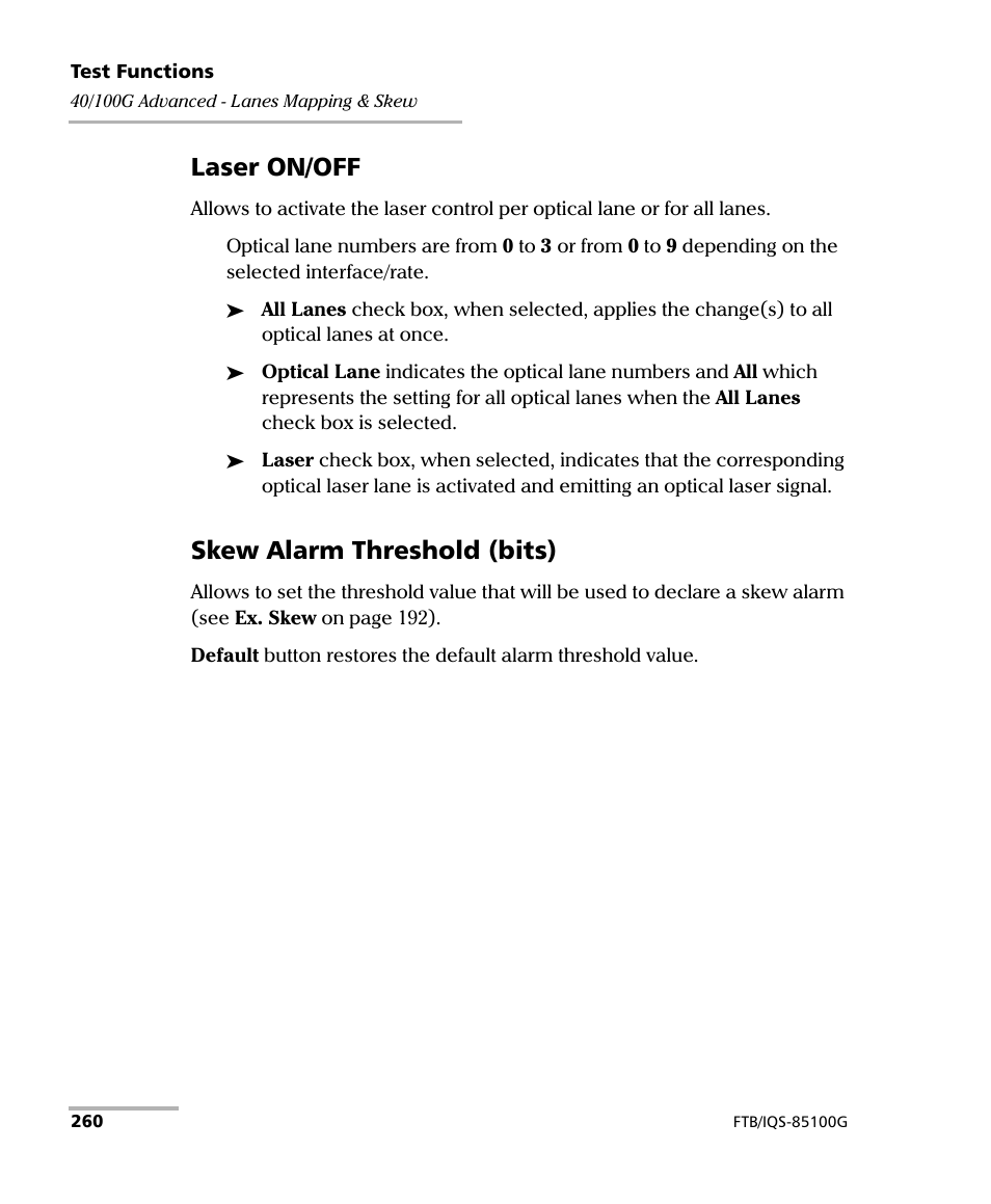 Laser on/off, Skew alarm threshold (bits) | EXFO FTB/IQS-85100G Packet Blazer for FTB-500/IQS-600 User Manual | Page 270 / 448