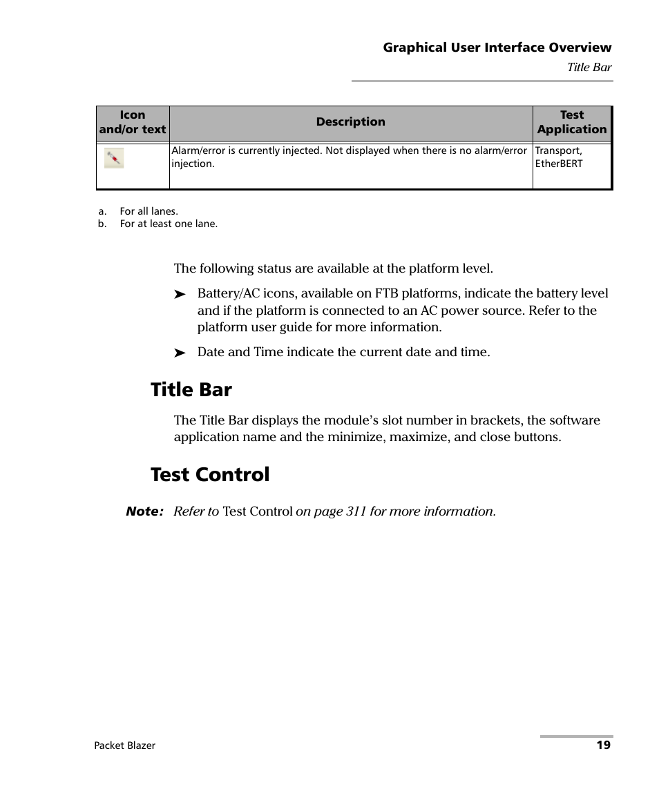 Title bar, Test control, Title bar test control | Signal, Laser on, Is off | EXFO FTB/IQS-85100G Packet Blazer for FTB-500/IQS-600 User Manual | Page 29 / 448