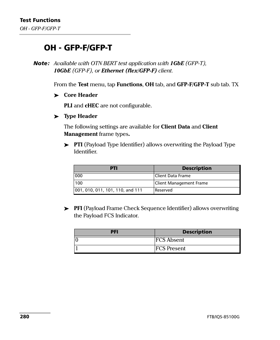 Oh - gfp-f/gfp-t | EXFO FTB/IQS-85100G Packet Blazer for FTB-500/IQS-600 User Manual | Page 290 / 448