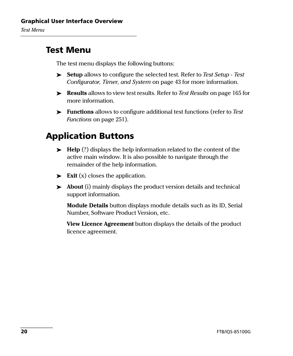 Test menu, Application buttons, Test menu application buttons | EXFO FTB/IQS-85100G Packet Blazer for FTB-500/IQS-600 User Manual | Page 30 / 448