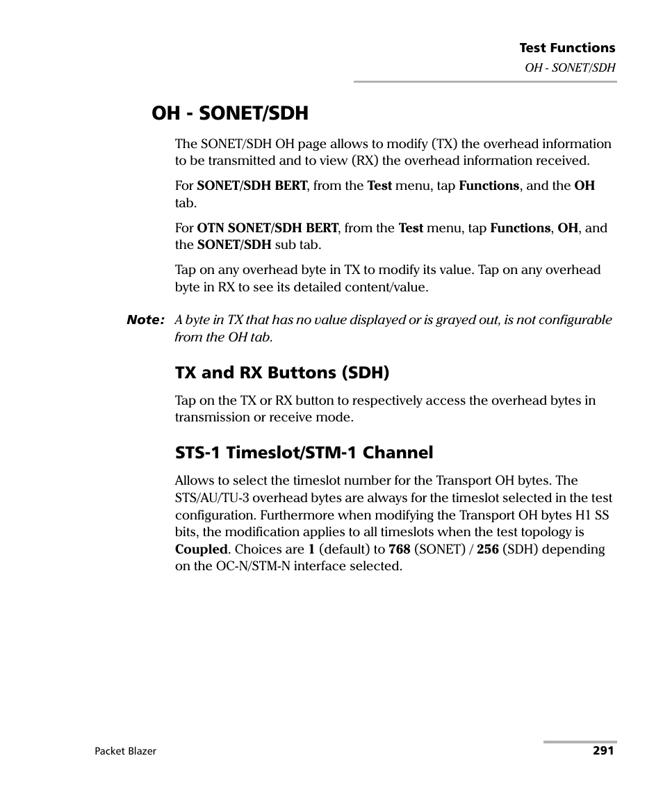 Oh - sonet/sdh, Tx and rx buttons (sdh), Sts-1 timeslot/stm-1 channel | EXFO FTB/IQS-85100G Packet Blazer for FTB-500/IQS-600 User Manual | Page 301 / 448