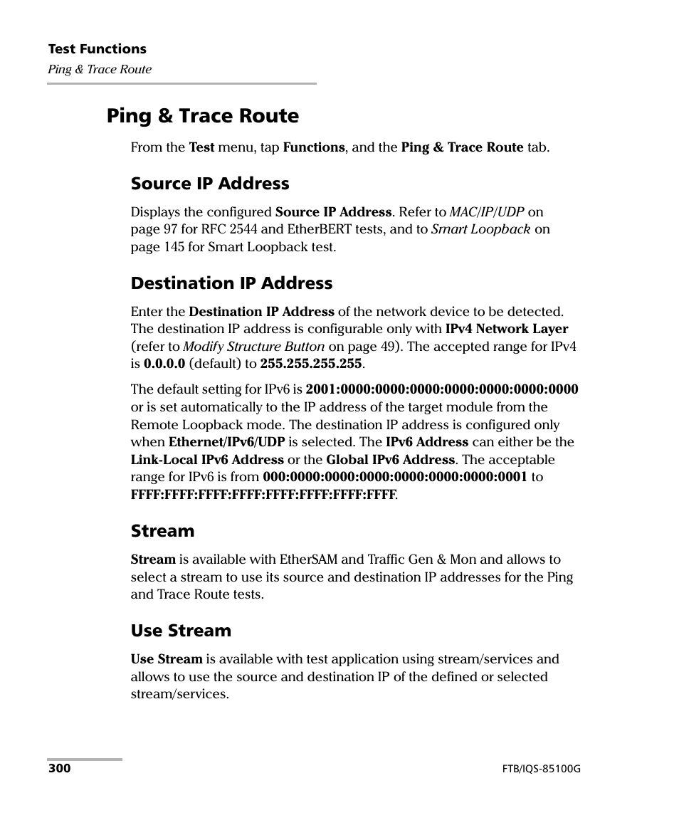 Ping & trace route, Source ip address, Destination ip address | Stream, Use stream | EXFO FTB/IQS-85100G Packet Blazer for FTB-500/IQS-600 User Manual | Page 310 / 448