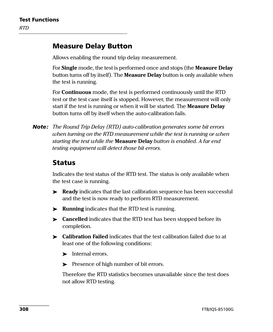 Measure delay button, Status | EXFO FTB/IQS-85100G Packet Blazer for FTB-500/IQS-600 User Manual | Page 318 / 448