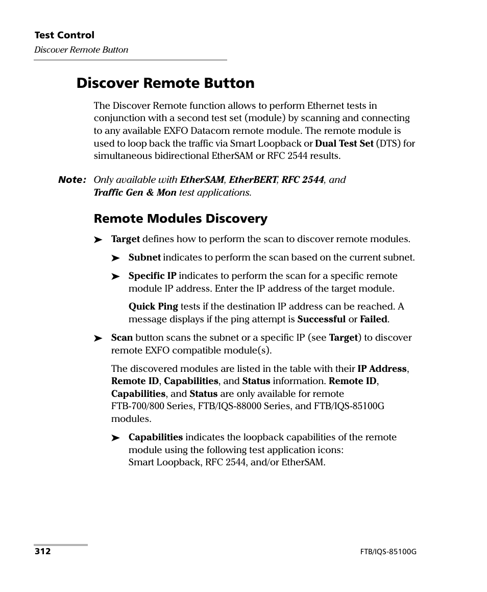 Discover remote button, Remote modules discovery | EXFO FTB/IQS-85100G Packet Blazer for FTB-500/IQS-600 User Manual | Page 322 / 448