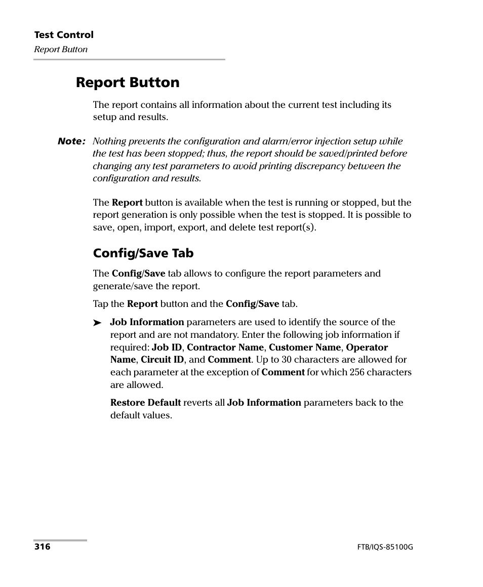 Report button, Config/save tab | EXFO FTB/IQS-85100G Packet Blazer for FTB-500/IQS-600 User Manual | Page 326 / 448