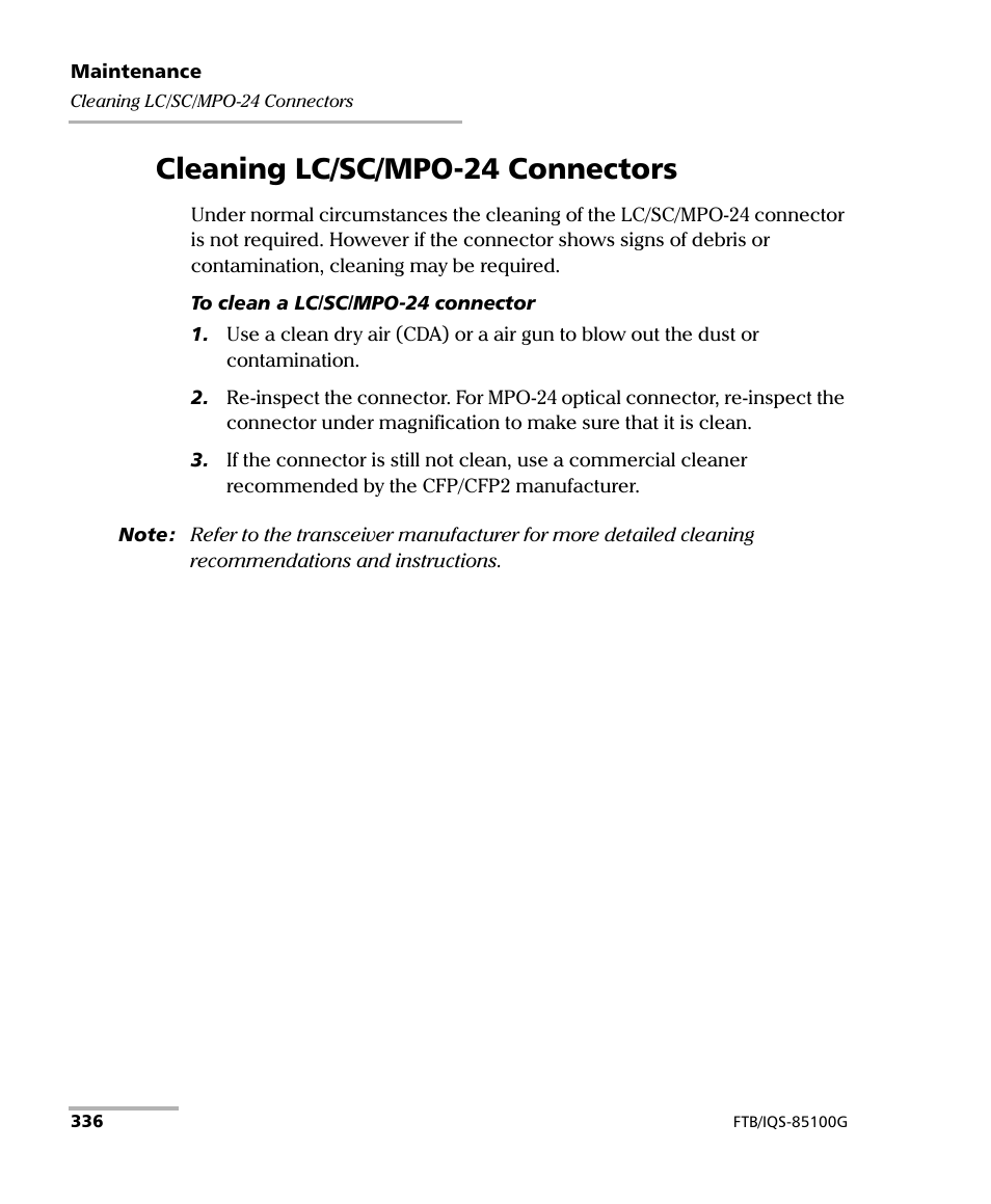 Cleaning lc/sc/mpo-24 connectors | EXFO FTB/IQS-85100G Packet Blazer for FTB-500/IQS-600 User Manual | Page 346 / 448