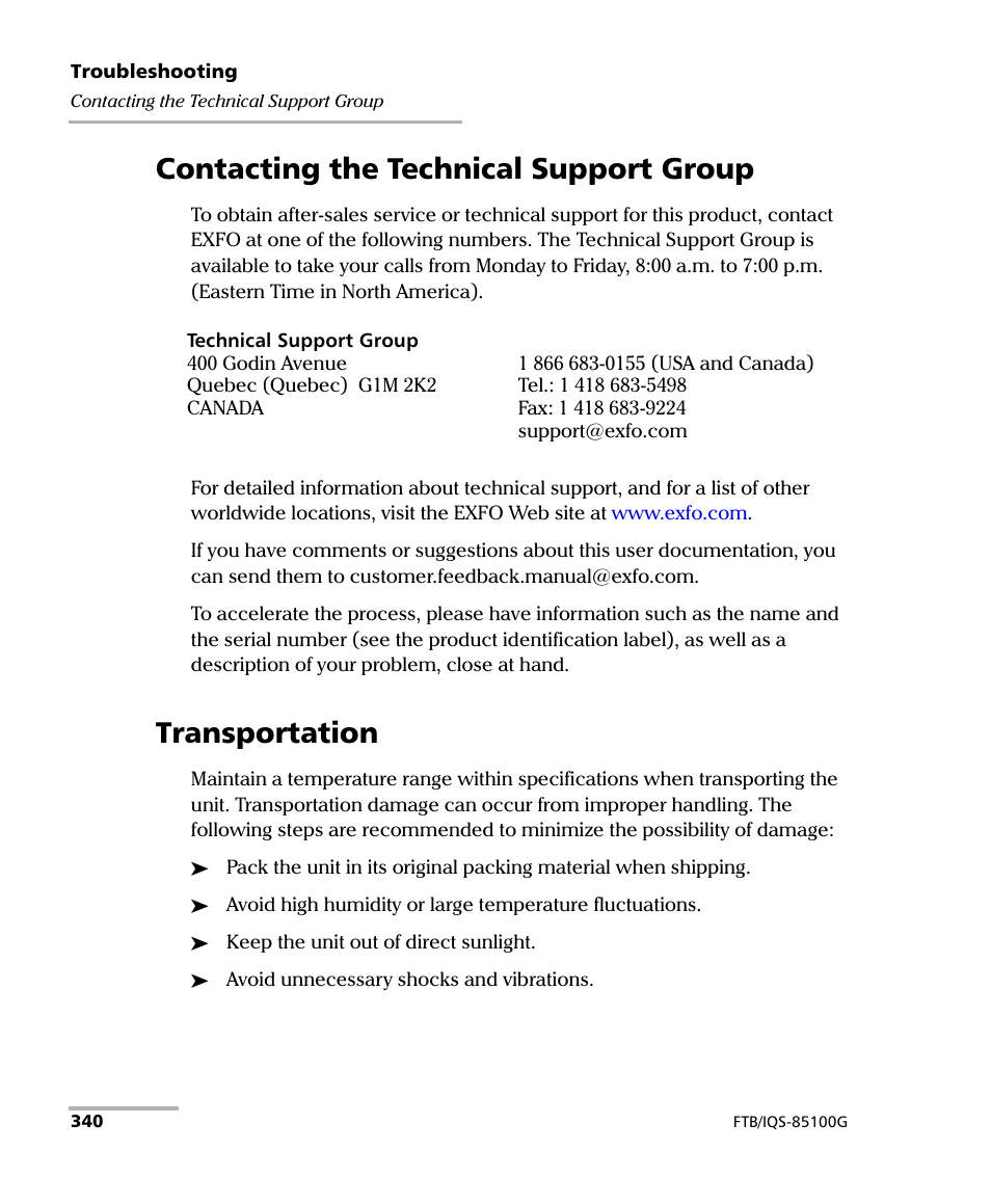 Contacting the technical support group, Transportation | EXFO FTB/IQS-85100G Packet Blazer for FTB-500/IQS-600 User Manual | Page 350 / 448