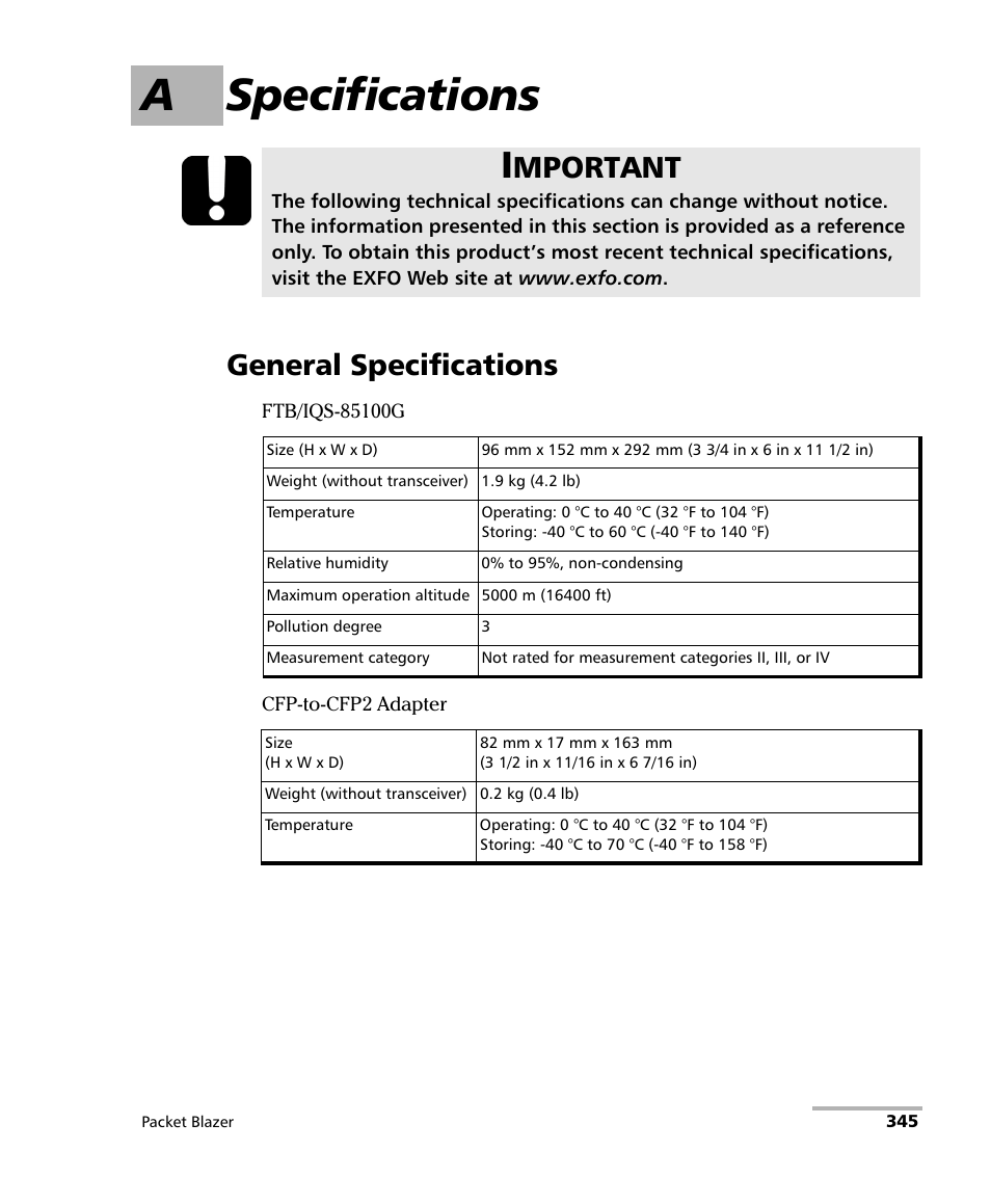 A specifications, General specifications, Mportant | EXFO FTB/IQS-85100G Packet Blazer for FTB-500/IQS-600 User Manual | Page 355 / 448