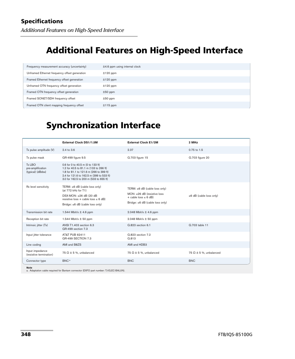 Additional features on high-speed interface, Synchronization interface, Specifications | EXFO FTB/IQS-85100G Packet Blazer for FTB-500/IQS-600 User Manual | Page 358 / 448