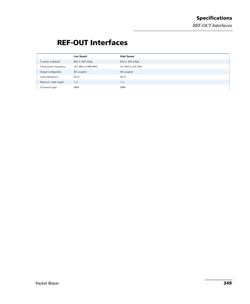 Ref-out interfaces, Specifications, 349 ref-out interfaces | Packet blazer | EXFO FTB/IQS-85100G Packet Blazer for FTB-500/IQS-600 User Manual | Page 359 / 448