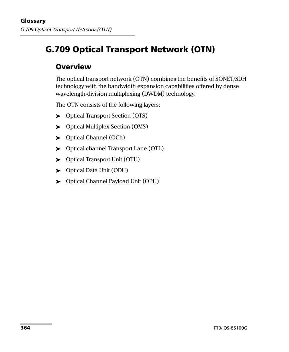 G.709 optical transport network (otn), Overview | EXFO FTB/IQS-85100G Packet Blazer for FTB-500/IQS-600 User Manual | Page 374 / 448