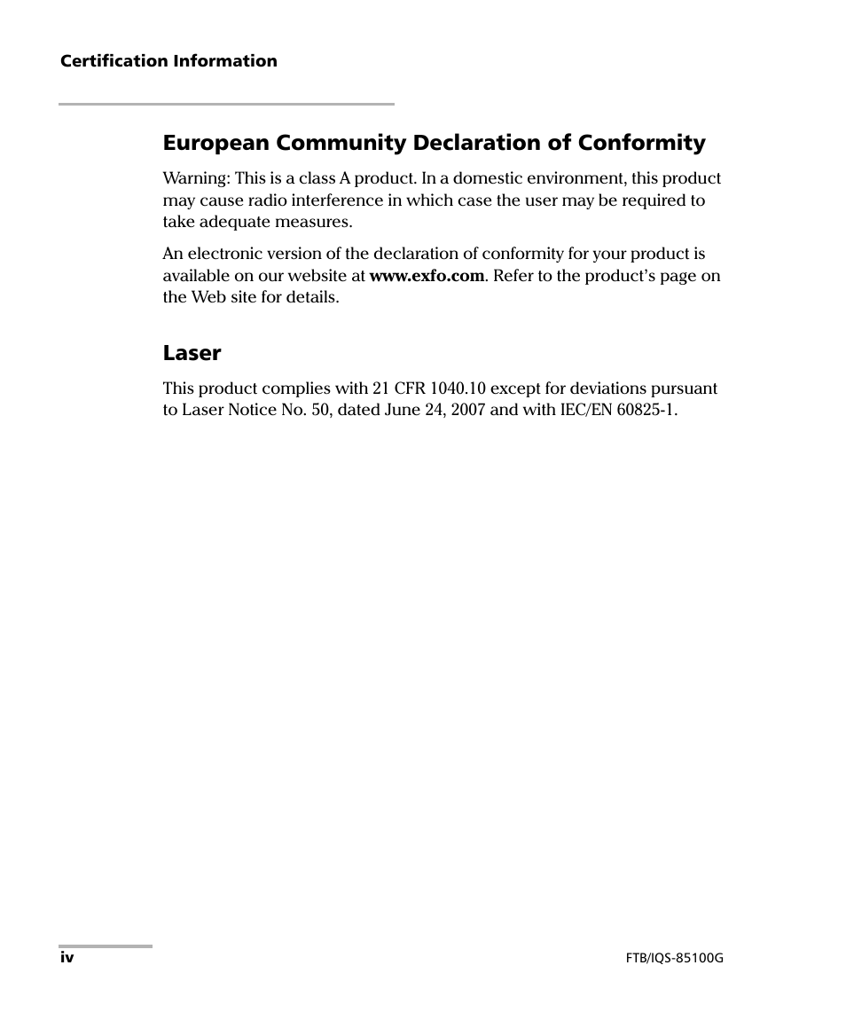 European community declaration of conformity, Laser | EXFO FTB/IQS-85100G Packet Blazer for FTB-500/IQS-600 User Manual | Page 4 / 448