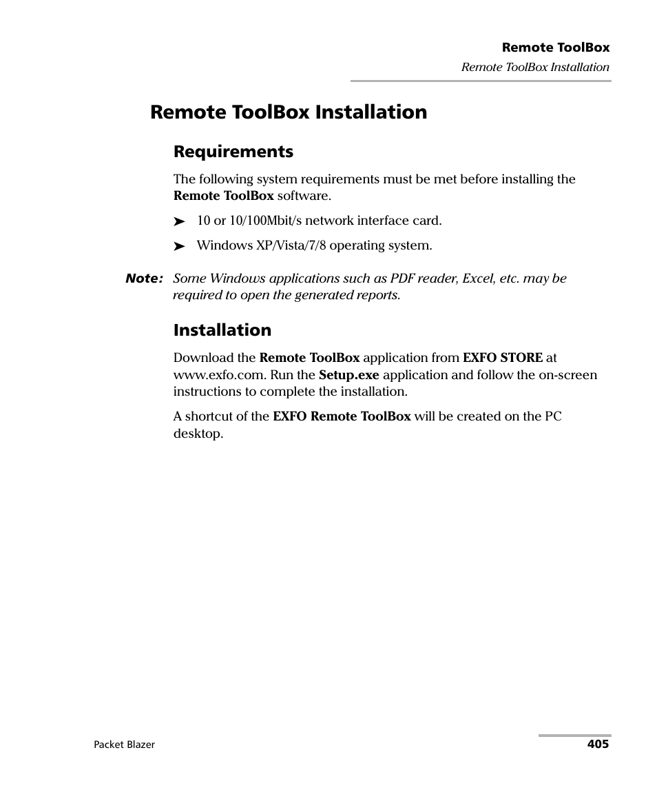 Remote toolbox installation, Requirements, Installation | EXFO FTB/IQS-85100G Packet Blazer for FTB-500/IQS-600 User Manual | Page 415 / 448