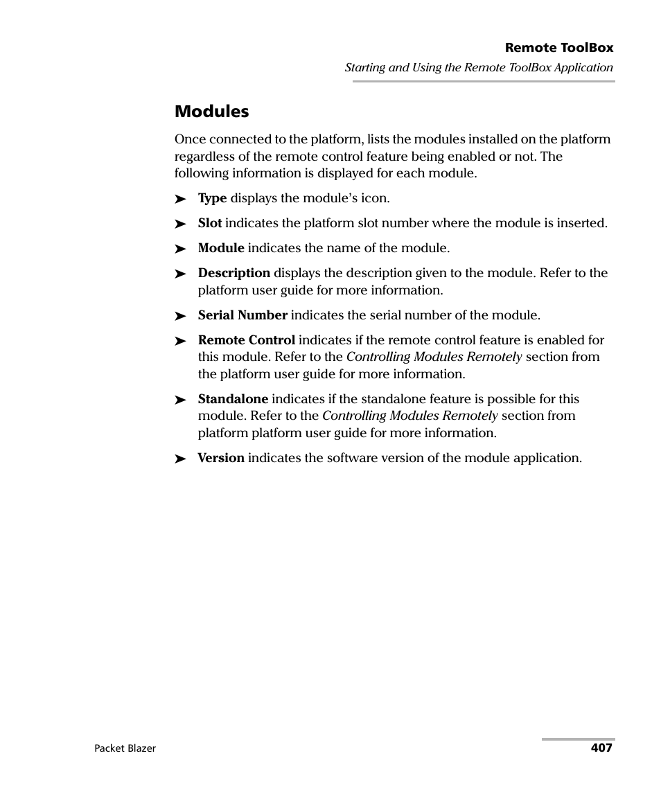 Modules | EXFO FTB/IQS-85100G Packet Blazer for FTB-500/IQS-600 User Manual | Page 417 / 448