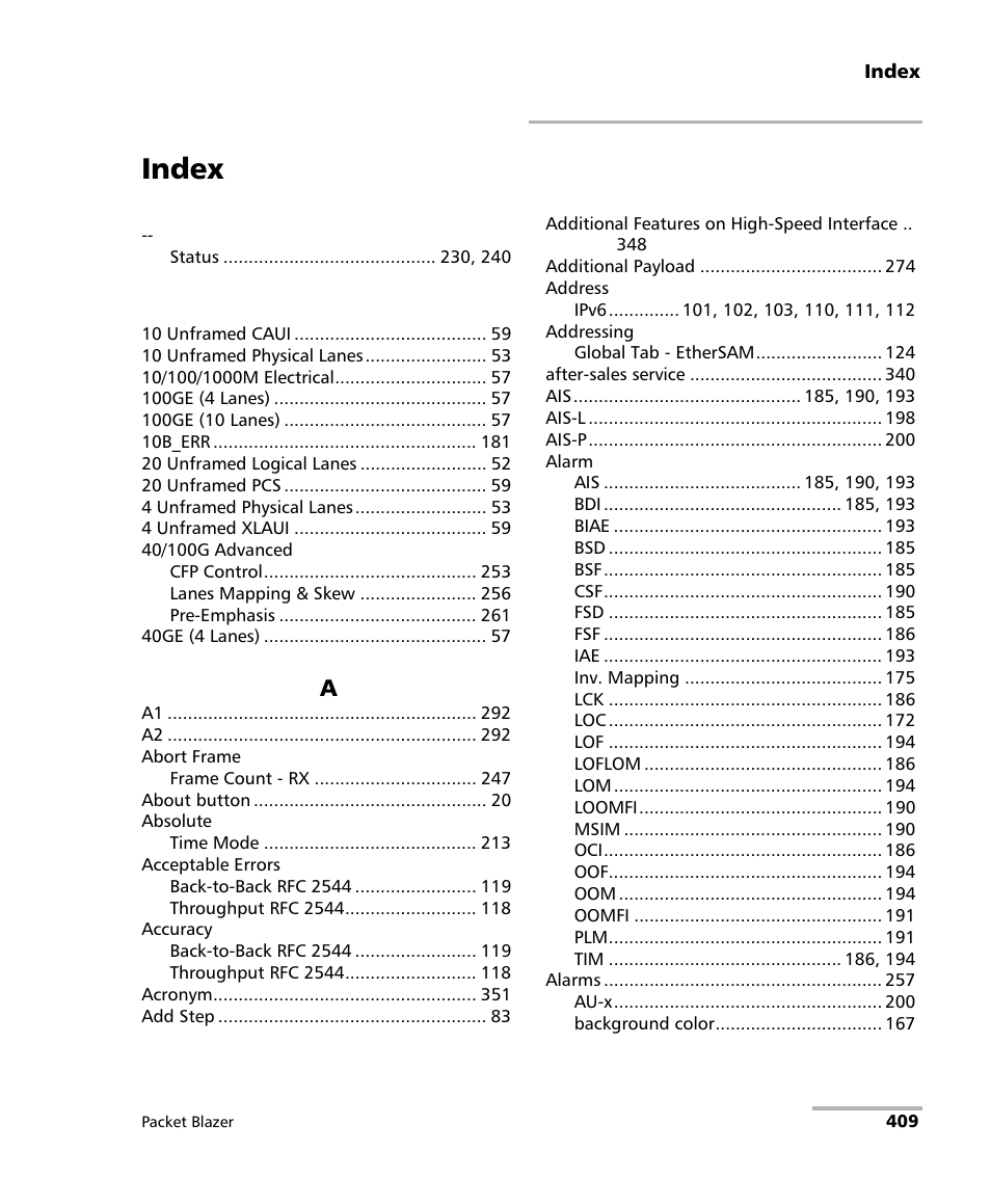 Index | EXFO FTB/IQS-85100G Packet Blazer for FTB-500/IQS-600 User Manual | Page 419 / 448