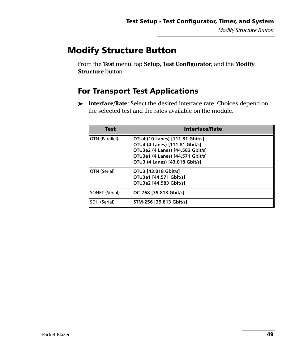 Modify structure button, For transport test applications | EXFO FTB/IQS-85100G Packet Blazer for FTB-500/IQS-600 User Manual | Page 59 / 448