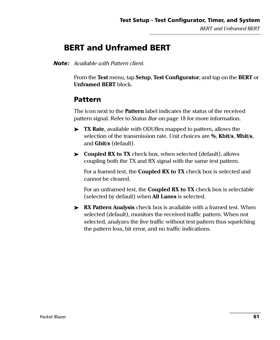 Bert and unframed bert, Pattern | EXFO FTB/IQS-85100G Packet Blazer for FTB-500/IQS-600 User Manual | Page 71 / 448