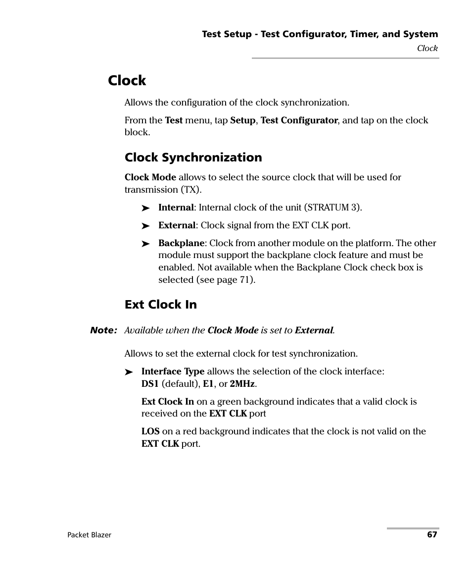 Clock, Clock synchronization, Ext clock in | EXFO FTB/IQS-85100G Packet Blazer for FTB-500/IQS-600 User Manual | Page 77 / 448