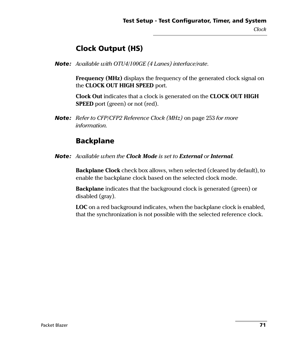 Clock output (hs), Backplane | EXFO FTB/IQS-85100G Packet Blazer for FTB-500/IQS-600 User Manual | Page 81 / 448