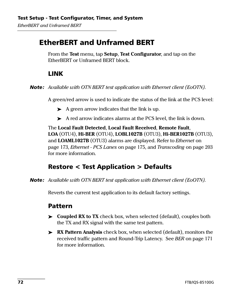 Etherbert and unframed bert, Link, Restore < test application > defaults | Pattern | EXFO FTB/IQS-85100G Packet Blazer for FTB-500/IQS-600 User Manual | Page 82 / 448