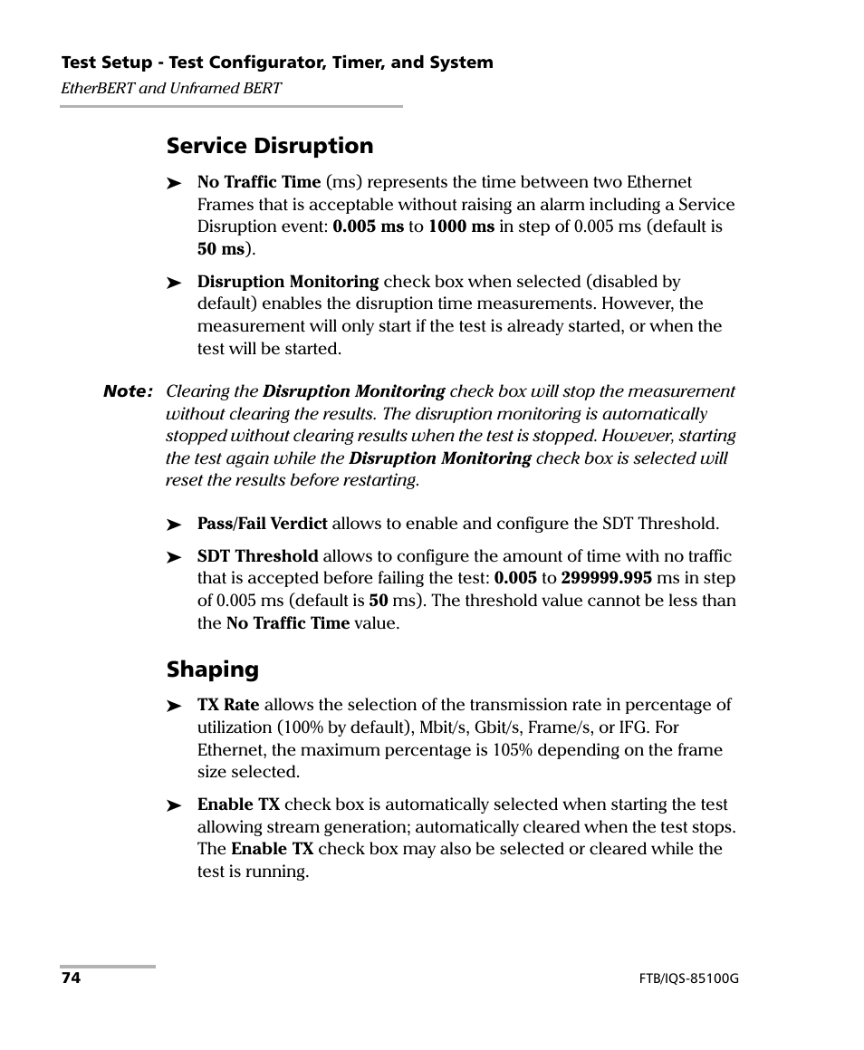 Service disruption, Shaping | EXFO FTB/IQS-85100G Packet Blazer for FTB-500/IQS-600 User Manual | Page 84 / 448