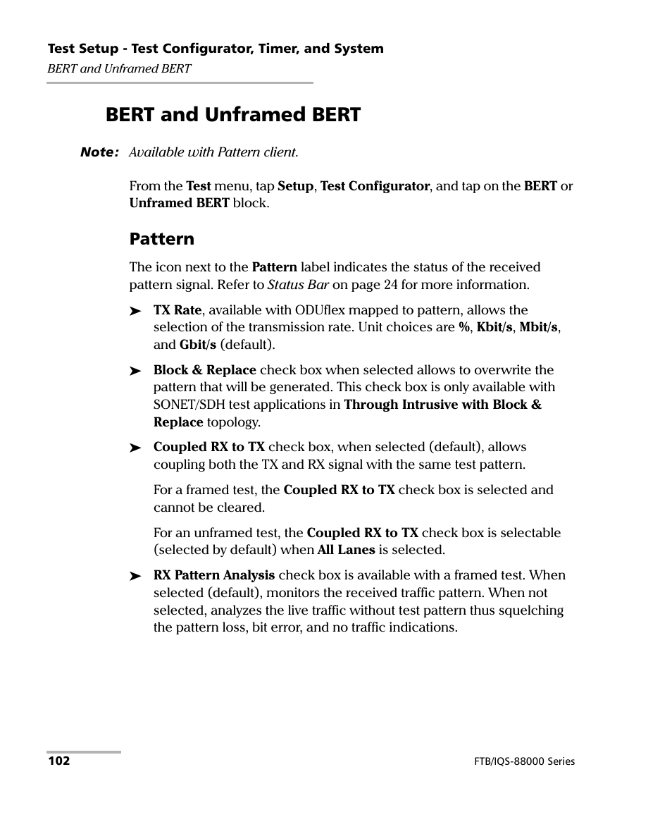 Bert and unframed bert, Pattern | EXFO FTB/IQS-88000 Series Power Blazer for FTB-2/2Pro/500/IQS-600 User Manual | Page 114 / 681