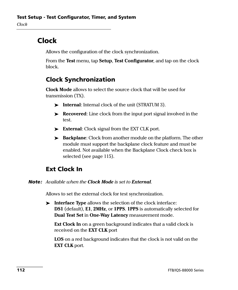 Clock, Clock synchronization, Ext clock in | EXFO FTB/IQS-88000 Series Power Blazer for FTB-2/2Pro/500/IQS-600 User Manual | Page 124 / 681
