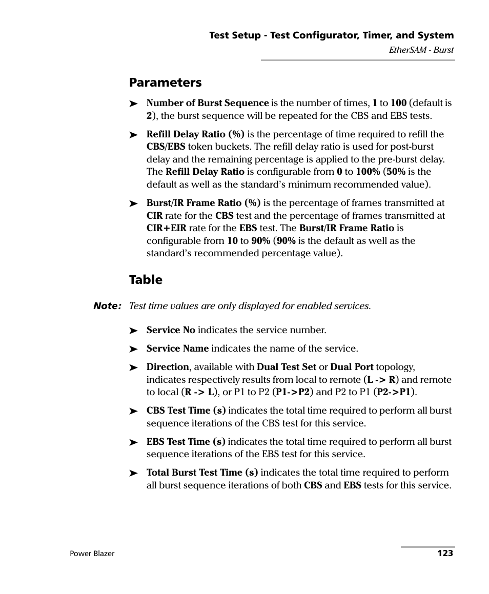 Parameters, Table | EXFO FTB/IQS-88000 Series Power Blazer for FTB-2/2Pro/500/IQS-600 User Manual | Page 135 / 681