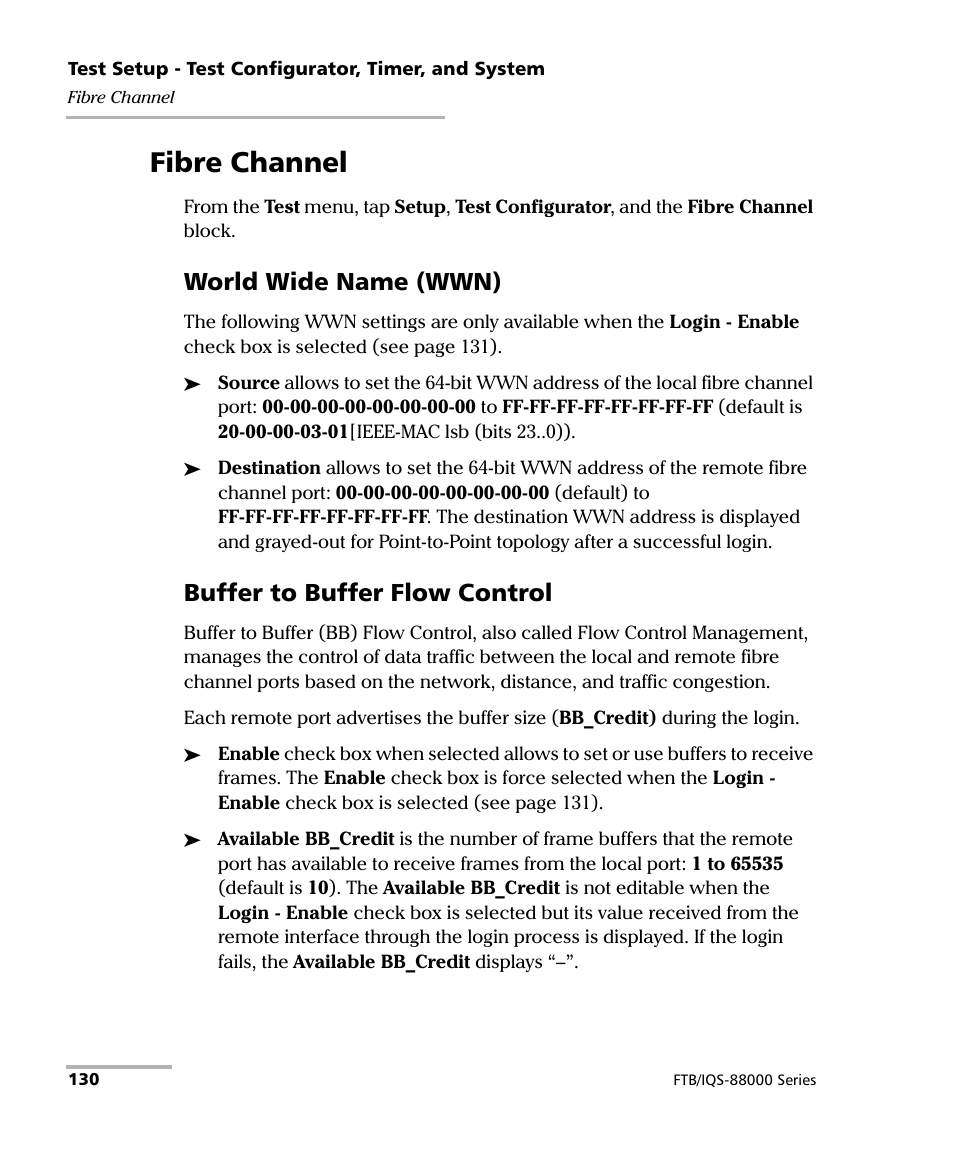 Fibre channel, World wide name (wwn), Buffer to buffer flow control | EXFO FTB/IQS-88000 Series Power Blazer for FTB-2/2Pro/500/IQS-600 User Manual | Page 142 / 681