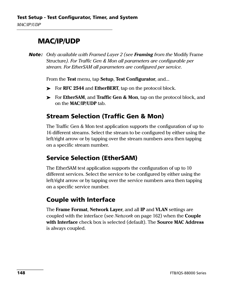 Mac/ip/udp, Stream selection (traffic gen & mon), Service selection (ethersam) | Couple with interface | EXFO FTB/IQS-88000 Series Power Blazer for FTB-2/2Pro/500/IQS-600 User Manual | Page 160 / 681