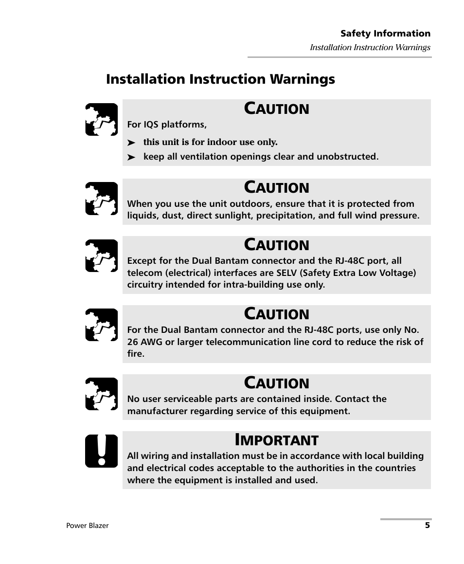 Installation instruction warnings, Aution, Mportant | EXFO FTB/IQS-88000 Series Power Blazer for FTB-2/2Pro/500/IQS-600 User Manual | Page 17 / 681