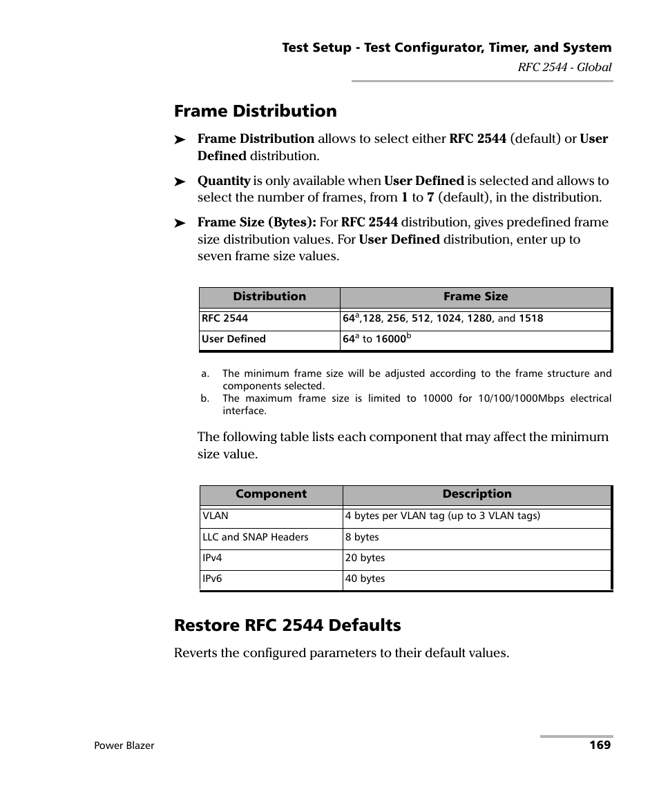 Frame distribution, Restore rfc 2544 defaults | EXFO FTB/IQS-88000 Series Power Blazer for FTB-2/2Pro/500/IQS-600 User Manual | Page 181 / 681