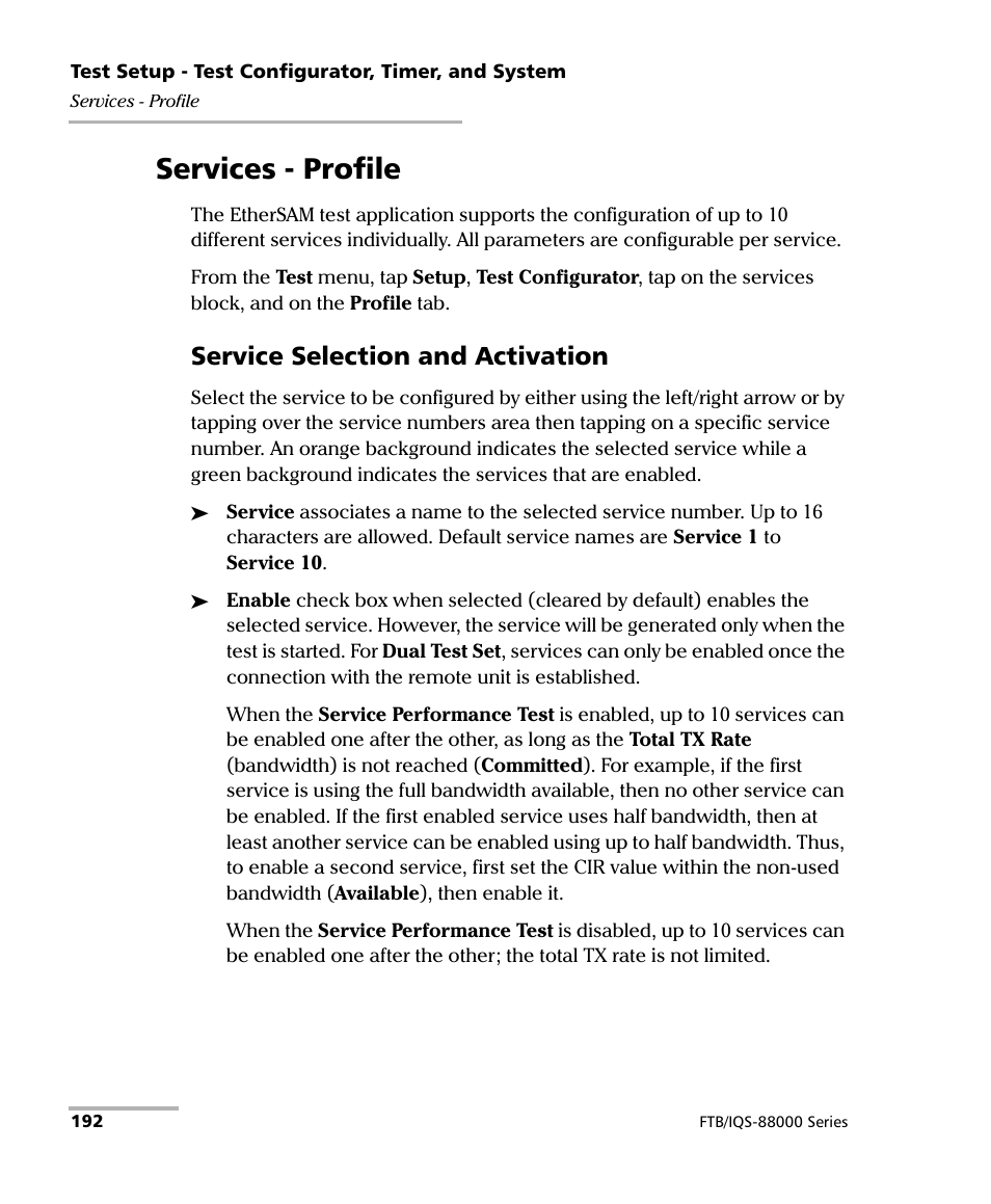 Services - profile, Service selection and activation | EXFO FTB/IQS-88000 Series Power Blazer for FTB-2/2Pro/500/IQS-600 User Manual | Page 204 / 681