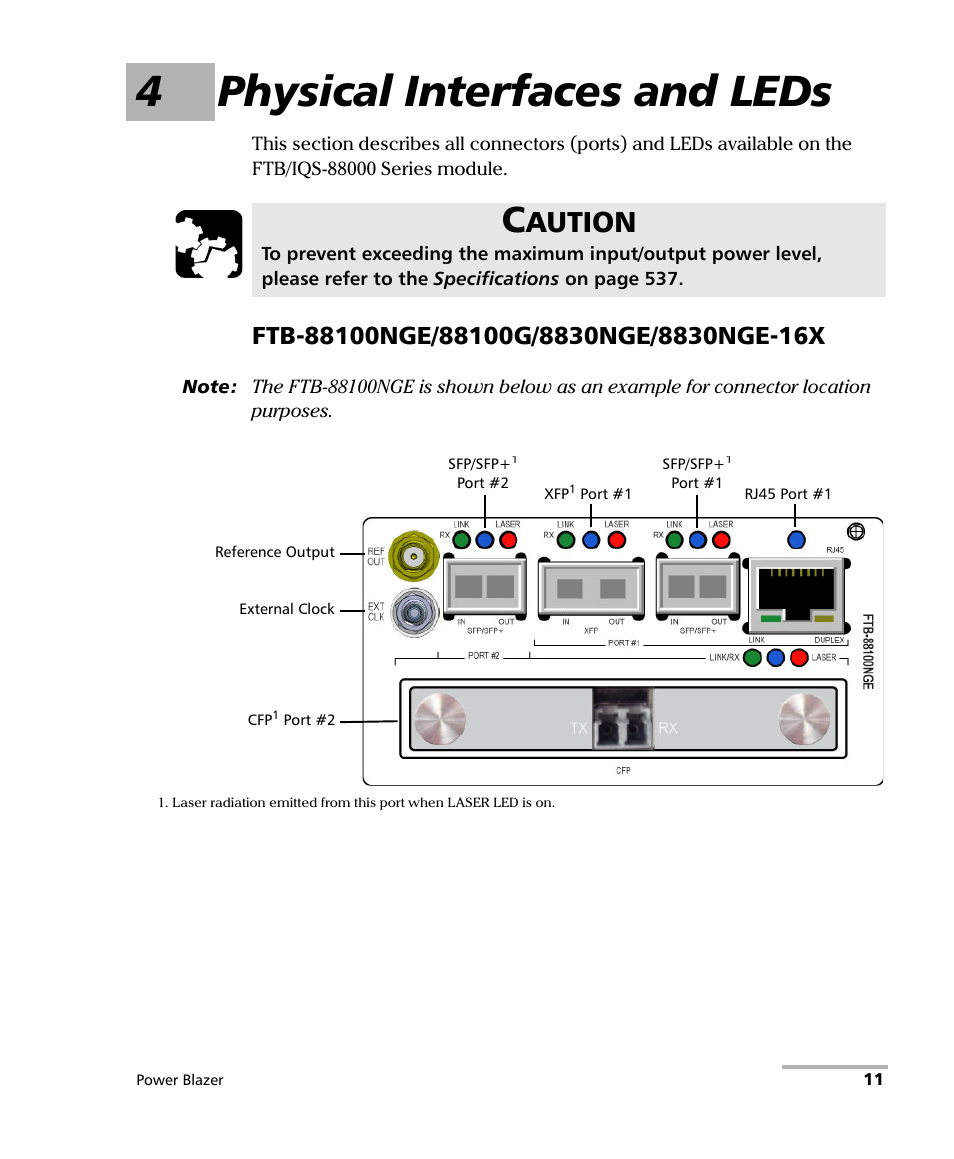 4 physical interfaces and leds, 4physical interfaces and leds, Aution | EXFO FTB/IQS-88000 Series Power Blazer for FTB-2/2Pro/500/IQS-600 User Manual | Page 23 / 681