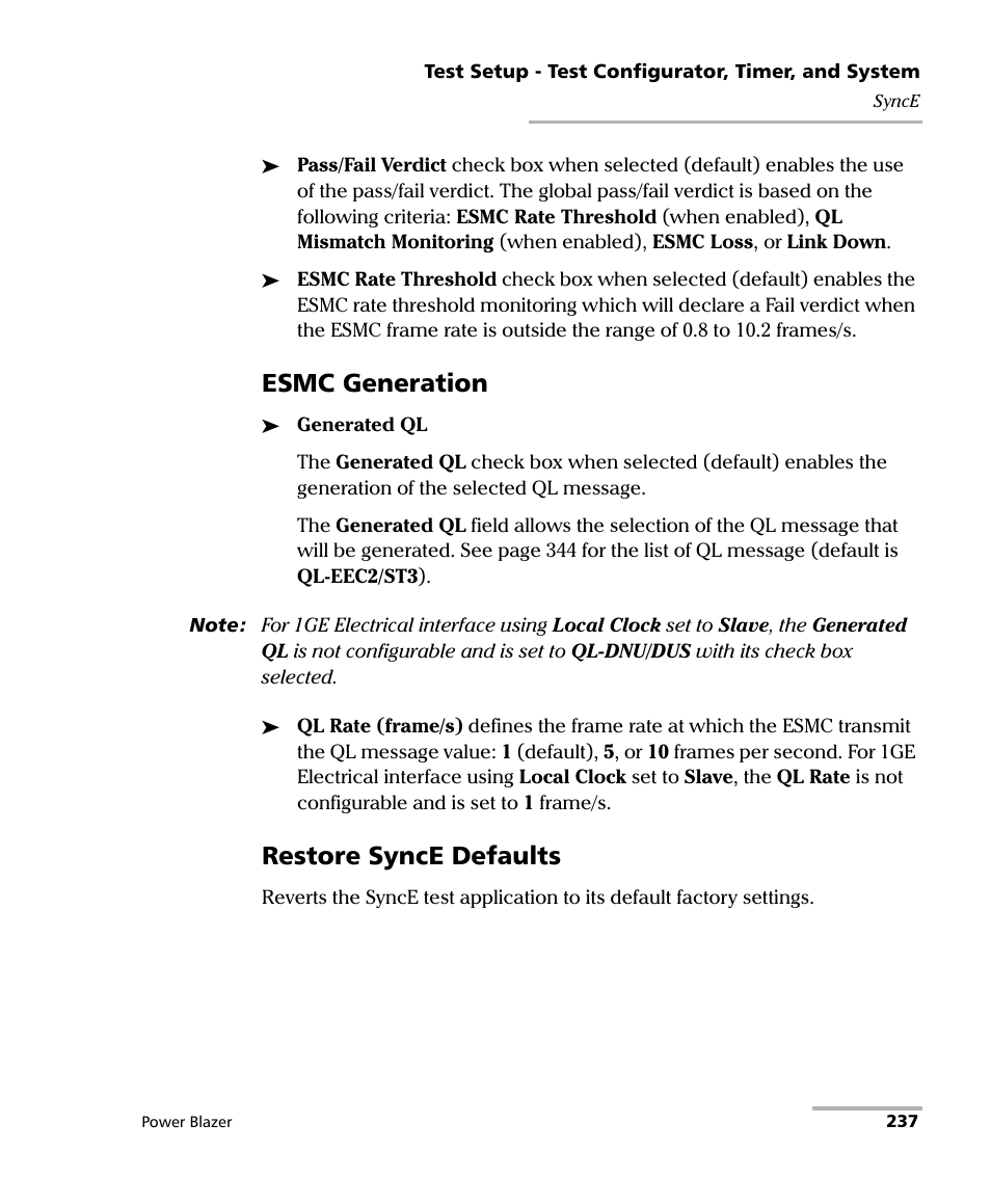 Esmc generation, Restore synce defaults | EXFO FTB/IQS-88000 Series Power Blazer for FTB-2/2Pro/500/IQS-600 User Manual | Page 249 / 681