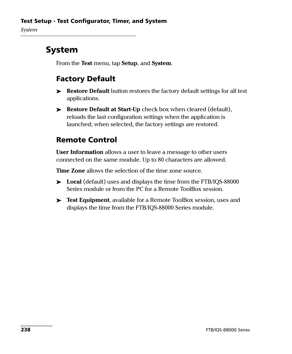 System, Factory default, Remote control | EXFO FTB/IQS-88000 Series Power Blazer for FTB-2/2Pro/500/IQS-600 User Manual | Page 250 / 681