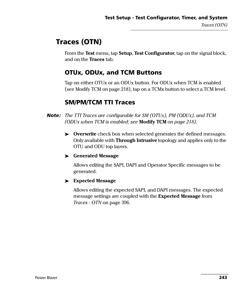Traces (otn), Otux, odux, and tcm buttons, Sm/pm/tcm tti traces | EXFO FTB/IQS-88000 Series Power Blazer for FTB-2/2Pro/500/IQS-600 User Manual | Page 255 / 681